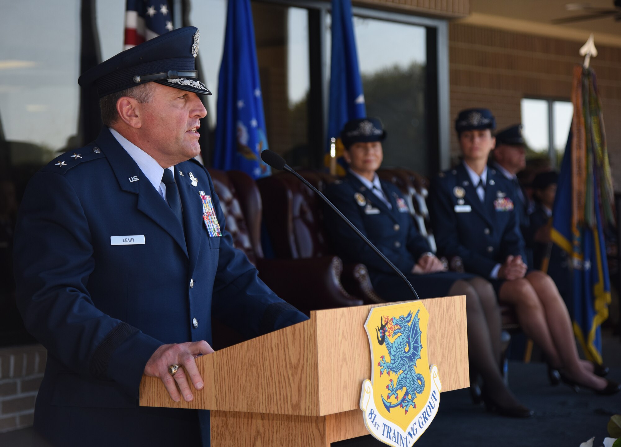 U.S. Air Force Maj. Gen. Timothy Leahy, Second Air Force commander, delivers remarks during the 81st Training Wing change of command ceremony on the Levitow Training Support Facility drill pad at Keesler Air Force Base, Mississippi, May 16, 2019. Col. Debra Lovette, relinquished command of the 81st TRW to Col. Heather Blackwell. (U.S. Air Force photo by Kemberly Groue)