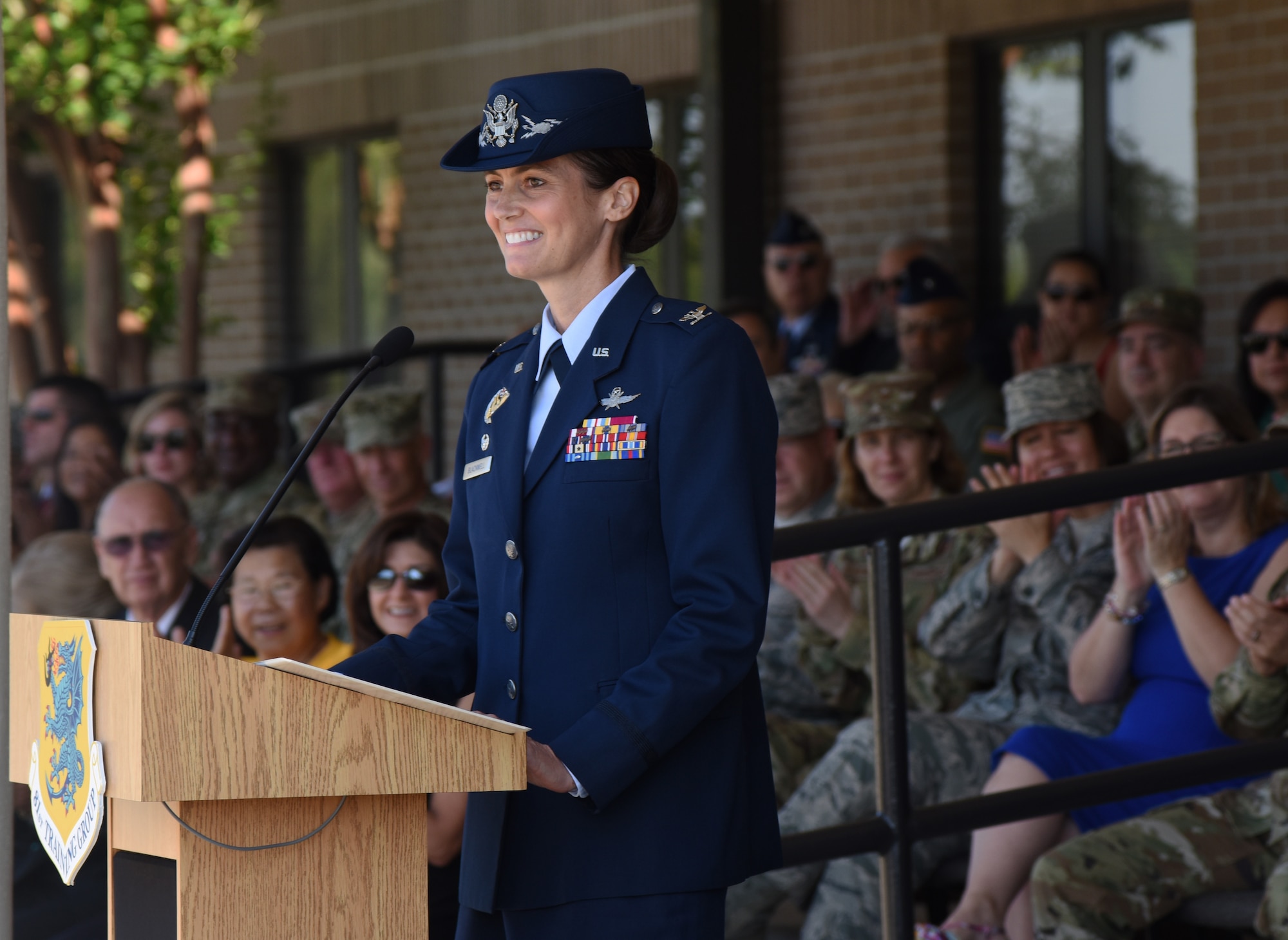 U.S. Air Force Col. Heather Blackwell, 81st Training Wing commander, addresses her new command during a change of command ceremony on the Levitow Training Support Facility drill pad at Keesler Air Force Base, Mississippi, May 16, 2019. Blackwell assumed command from Col. Debra Lovette. (U.S. Air Force photo by Kemberly Groue)