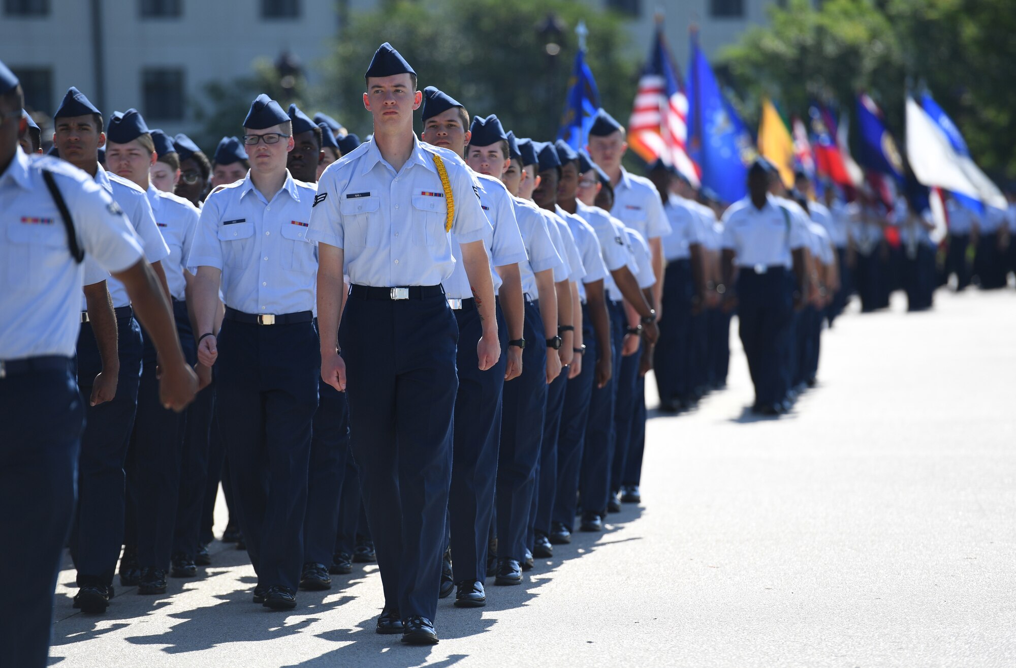 Airmen from the 81st Training Group march in formation during the 81st Training Wing change of command ceremony on the Levitow Training Support Facility drill pad at Keesler Air Force Base, Mississippi, May 16, 2019. U.S. Air Force Col. Debra Lovette passed on command of the 81st TRW to Col. Heather Blackwell. (U.S. Air Force photo by Kemberly Groue)