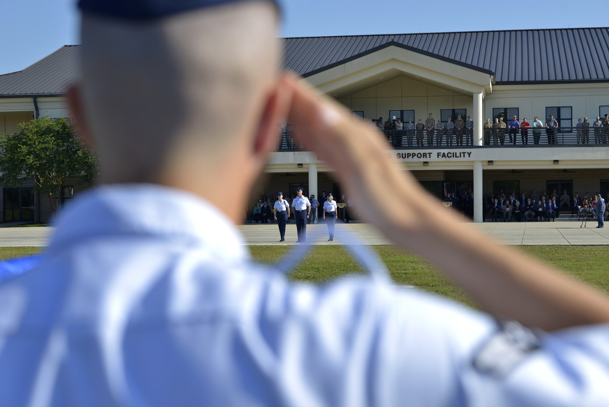 U.S. Air Force Col. Lance Burnett, 81st Training Wing vice commander, leads the troops during the 81st TRW change of command ceremony at the Levitow Training Support Facility drill pad at Keesler Air Force Base, Mississippi, May 16, 2019. The ceremony is a symbol of command being exchanged from one commander to the next. Col. Heather Blackwell assumed command from Col. Debra Lovette. (U.S. Air Force photo by Airman Seth Haddix)