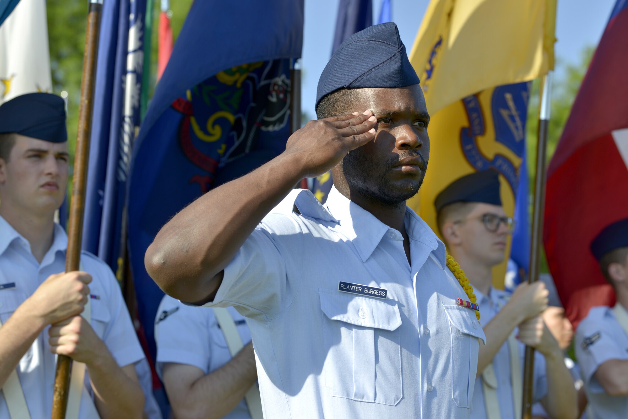 U.S. Air Force Airman 1st Class Tony Planter-Burgess, 336th Training Squadron student, salutes during the 81st Training Wing change of command ceremony on the Levitow Training Support Facility drill pad at Keesler Air Force Base, Mississippi, May 16, 2019. Col. Heather Blackwell assumed command from Col. Debra Lovette. (U.S. Air Force photo by Airman Seth Haddix)