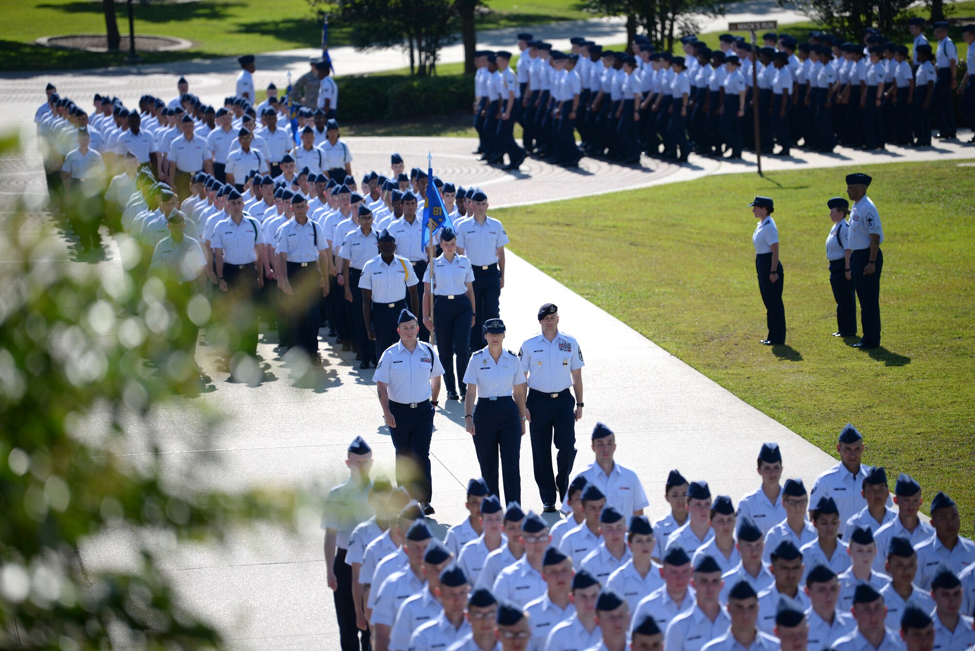Airmen from the 81st Training Group march during the 81st Training Wing change of command ceremony on the Levitow Training Support Facility drill pad at Keesler Air Force Base, Mississippi, May 16, 2019. Col. Heather Blackwell assumed command from Col. Debra Lovette.  (U.S. Air Force photo by Airman 1st Class Spencer Tobler)