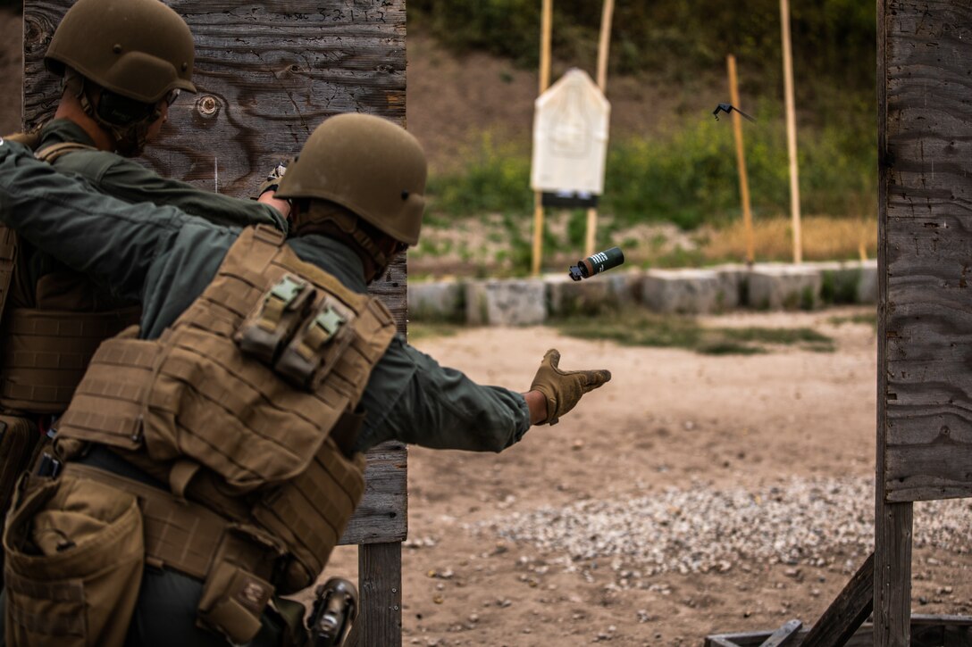A Marine Corps Air Station Miramar Special Reactions Team (SRT) member throws a flash bang grenade during training at MCAS Miramar, Calif., May 15. The Marines conducted this training to hone their skills in close quarters combat and further familiarize themselves with the M1911 Service Pistol. (U.S. Marine Corps photo by Sgt. Jake McClung)