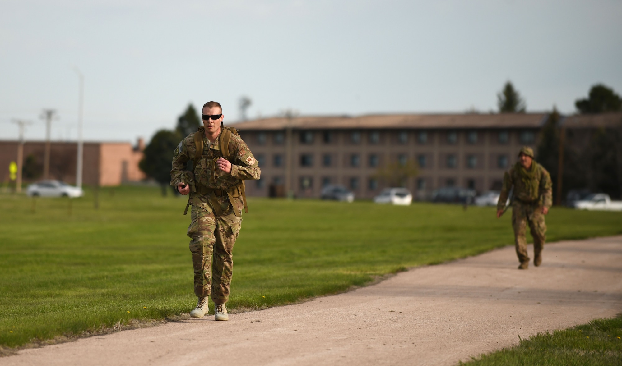 Chief Master Sgt. Jesse Franks, a 28th Security Forces superintendent, competes in the 4.5-mile Police Week Ruck Challenge at Heritage Lake on Ellsworth Air Force Base, S.D., May 13, 2019. National Police Week is recognized across the nation to pay tribute to law enforcement officers who have died in line of duty, as well as officers who continue to serve in their communities. (U.S. Air Force photo by Airman 1st Class Christina Bennett)