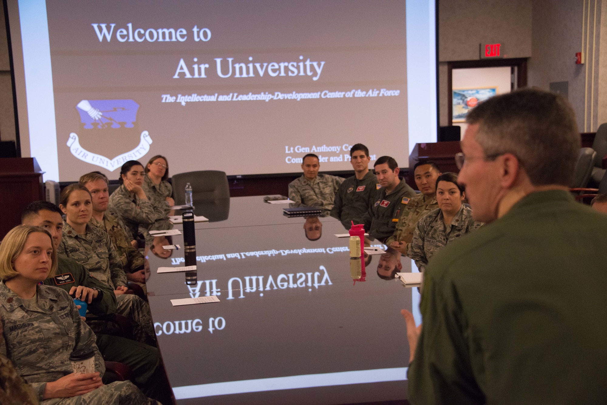 Major Gen. Michael Rothstein, Air University vice commander and commander Curtis E. LeMay Center for Doctrine Development and Education, welcomes recently selected Air University Fellows at the start of a briefing about the program, April 17, 2019, Maxwell Air Force Base, Alabama. Under the AU Fellows Program, high-performing officers earn the opportunity to serve as faculty members before entering or after completing in-resident Air Command and Staff College.