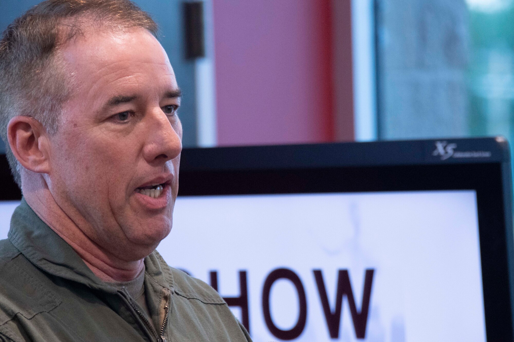 U.S. Air Force Col. Steven Kirkpatrick addresses the audience at the inaugural Air Show Innovation Showcase in Bossier City, Louisiana, May 14, 2019.  The event, at Bossier Parish Community College, highlighted the efforts of regional businesses in the Entrepreneurial Accelerator Program as well as those of students at BPCC. (U.S. Air Force photo by Master Sgt. Ted Daigle)