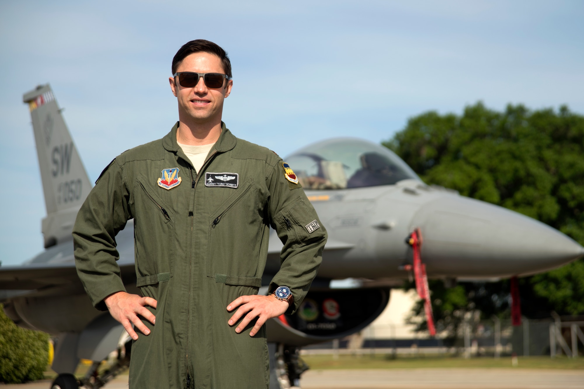 U.S. Air Force Maj. Garret “Toro” Schmitz, F-16 Viper pilot, stands for a photo at Shaw Air Force Base, S.C., April 24, 2019.