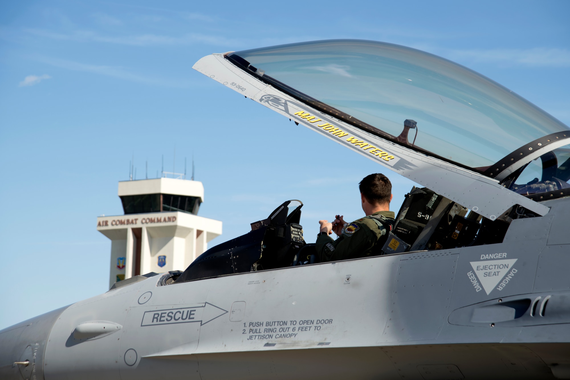 U.S. Air Force Maj. Garret “Toro” Schmitz, F-16 Viper Demonstration Team commander and pilot, prepares for a practice flight at Joint Base Langley-Eustis, Va., May 15, 2019.