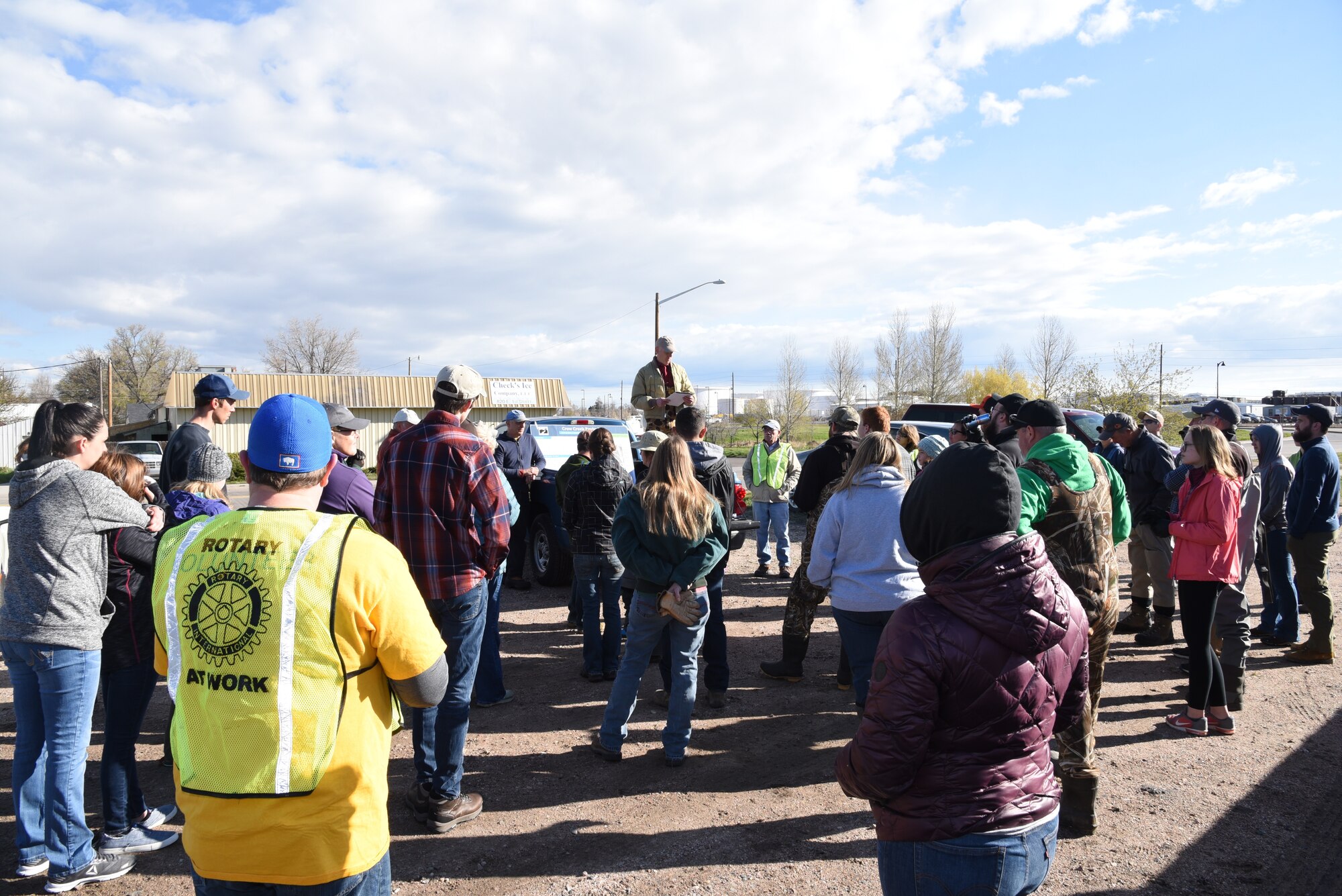 Brent Lathrop of the National Conservancy Group addresses a group of volunteers before beginning the clean up effort of the Crow Creek in Cheyenne, Wyo., May 11. More than fifty volunteers came out as part of the Crow Creek Revival project aimed at bringing the creek closer to its original state.