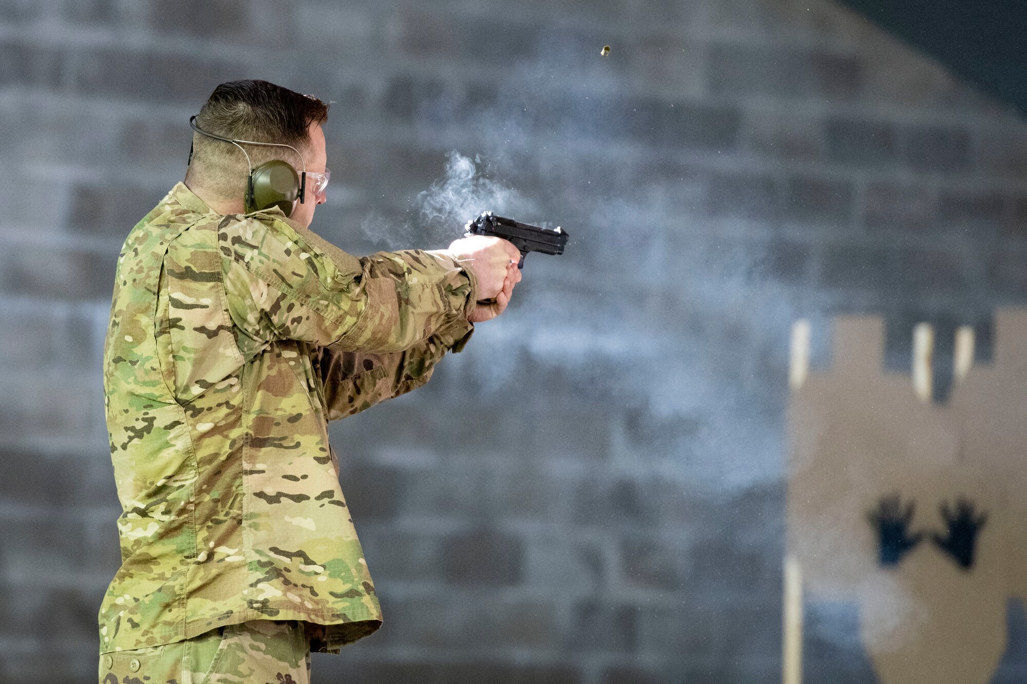 U.S. Air Force Master Sgt. Billy Wheaton, the non-commissioned officer in charge of the Network Control Center Infrastructure from the 97th Communications Squadron, participates in a sheepdog shootout hosted by the 97th Security Forces Squadron, May 15, 2019, at the Altus Air Force Base Firing Range, Okla. The Sheepdog Shootout allowed the opportunity for the 97th Security Forces Squadron to showcase different scenarios they may be faced with to the base while participating in activities that help improve skills. (U.S. Air Force photo by Airman 1st Class Breanna Klemm)