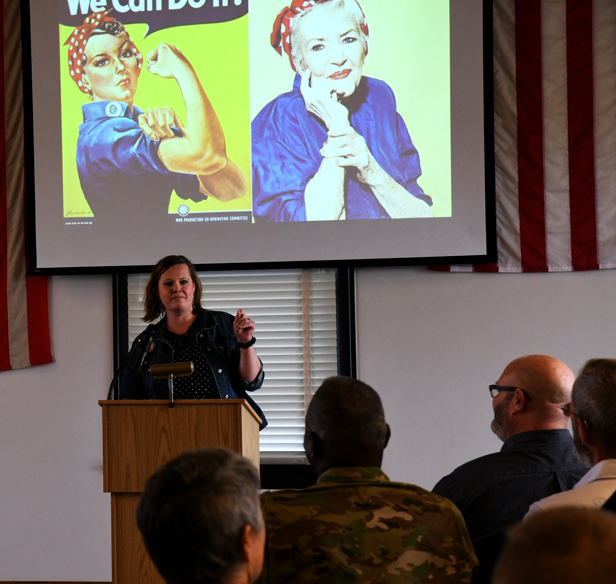 Missouri National Guard Airmen, Soldiers, and their guests  gathered May 4 to experience a unique piece of living history as a Leah Winchester, shared the vision of servant leadership of her grandmother, Naomi Parker.  Naomi Parker was the inspiration for the famed Rosie the Riveter.