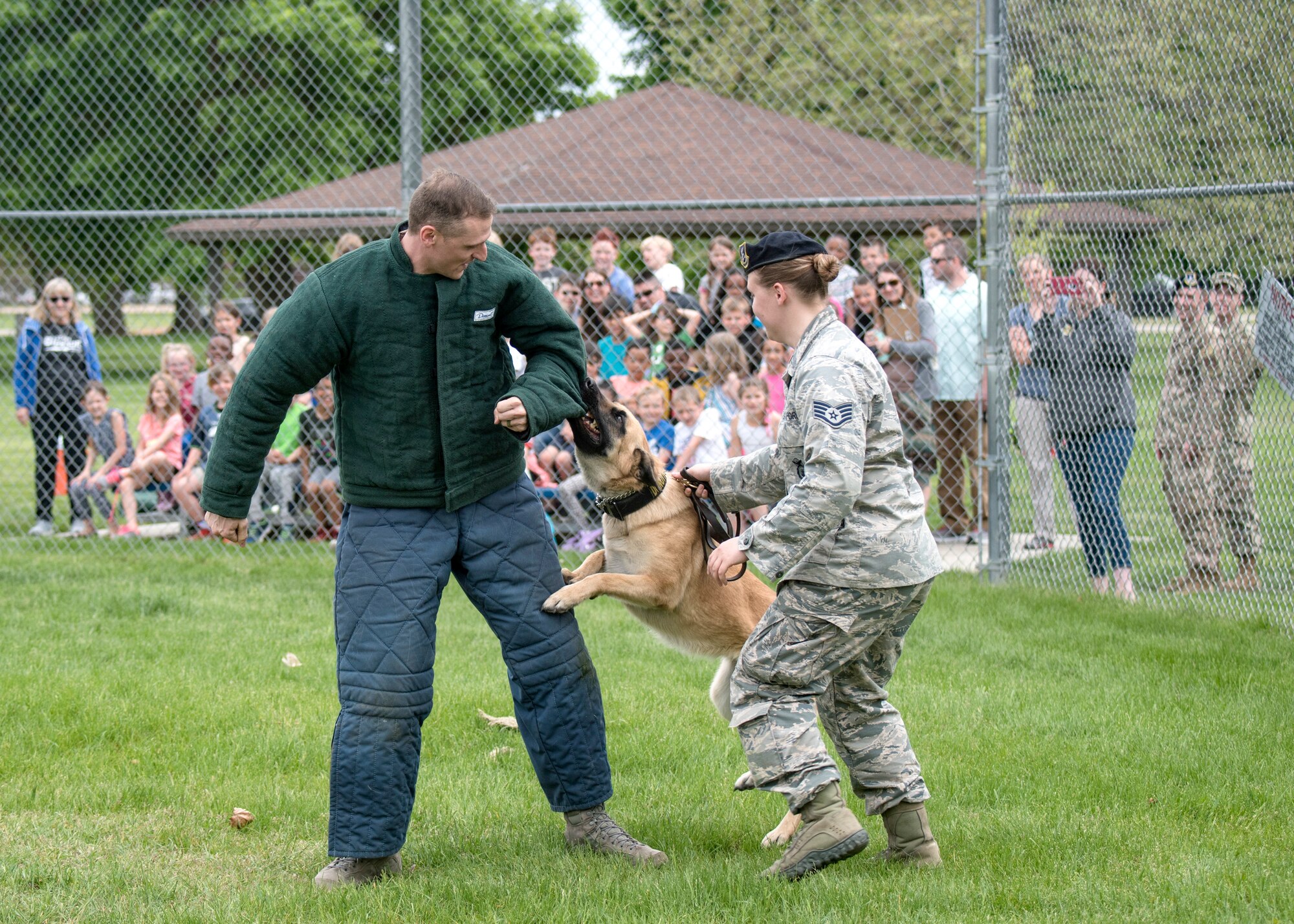 U.S. Air Force Maj. Joseph Schneider, 92nd Security Forces Squadron commander, participates in a military working dog demonstration at a Law Enforcement Exposition during National Police Week at Fairchild Air Force Base, Washington, May 14, 2019. The 92nd SFS hosts a week-long celebration to honor the lives lost through a memorial Fallen Defender Ruck, a law enforcement exposition for the kids, a retreat ceremony and a battle of the badge competition between security forces and the fire department. (U.S. Air Force photo by Airman 1st Class Whitney Laine)