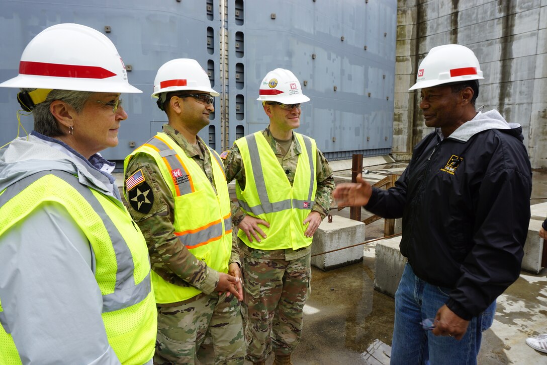 GRAND RIVERS, Ky., Tenn. (May 16, 2019) –U. S. Army Corps of Engineers Nashville District Commander, Lt. Col. Cullen Jones welcomed The Marine Board members from the Transportation Research Board of The National Academies of Sciences, Engineering for a tour of the Kentucky Lock Addition Project at Kentucky Lake on the Tennessee River in Grand Rivers, Ky., to get a close overview of the construction.