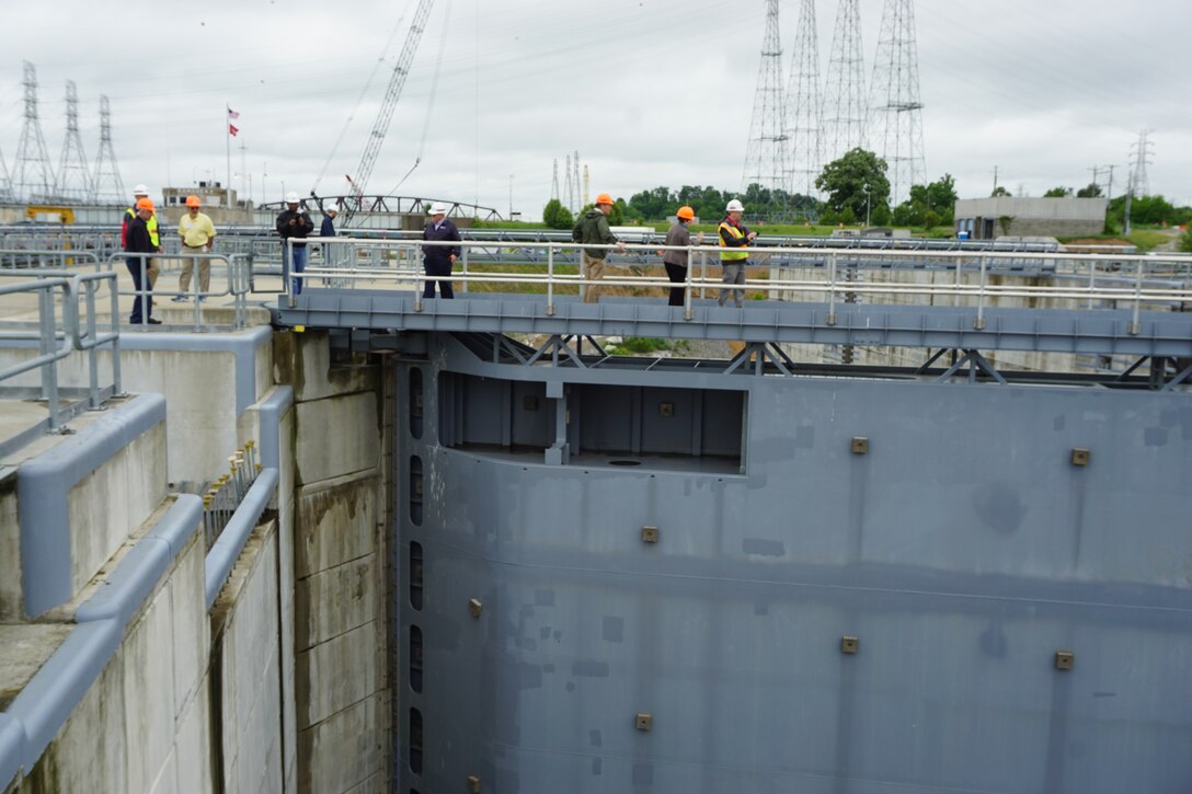 GRAND RIVERS, Ky., Tenn. (May 16, 2019) –U. S. Army Corps of Engineers Nashville District Commander, Lt. Col. Cullen Jones welcomed The Marine Board members from the Transportation Research Board of The National Academies of Sciences, Engineering for a tour of the Kentucky Lock Addition Project at Kentucky Lake on the Tennessee River in Grand Rivers, Ky., to get a close overview of the construction.