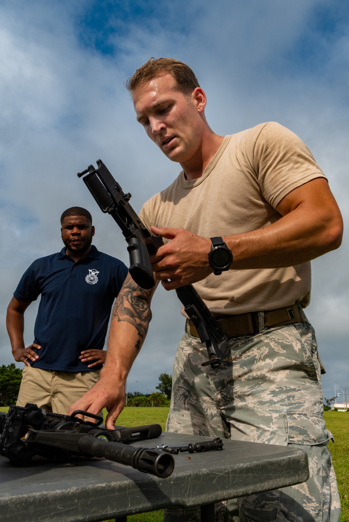 U.S. Air Force Senior Airman William Hallowes, 18th Security Forces Squadron patrolman, assembles an M4 rifle during the physical portion of the Shogun Challenge for the 2019 Police Week May 14, on Kadena Air Base, Japan.