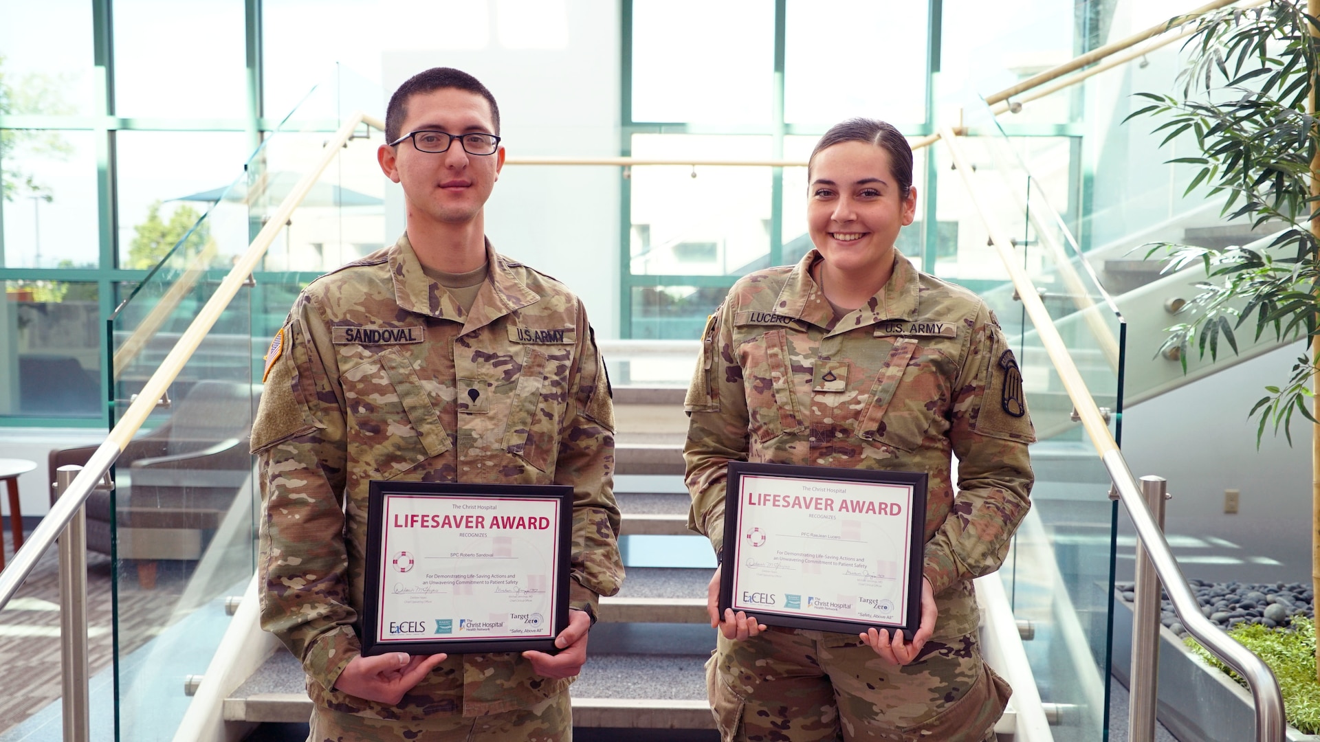 New Mexico Army National Guard Soldiers Spc. Roberto Sandoval and Pfc. RaeJean Lucero, both 68W’s (Combat Medics), were honored by The Christ Hospital in Cincinnati on May 16, 2019. The Soldiers were responsible for saving the life of a man who was seriously injured in a motor vehicle accident.  Sandoval and Lucero are participants in the Strategic Medical Asset Readiness Training (SMART) program with The Christ Hospital in Cincinnati.