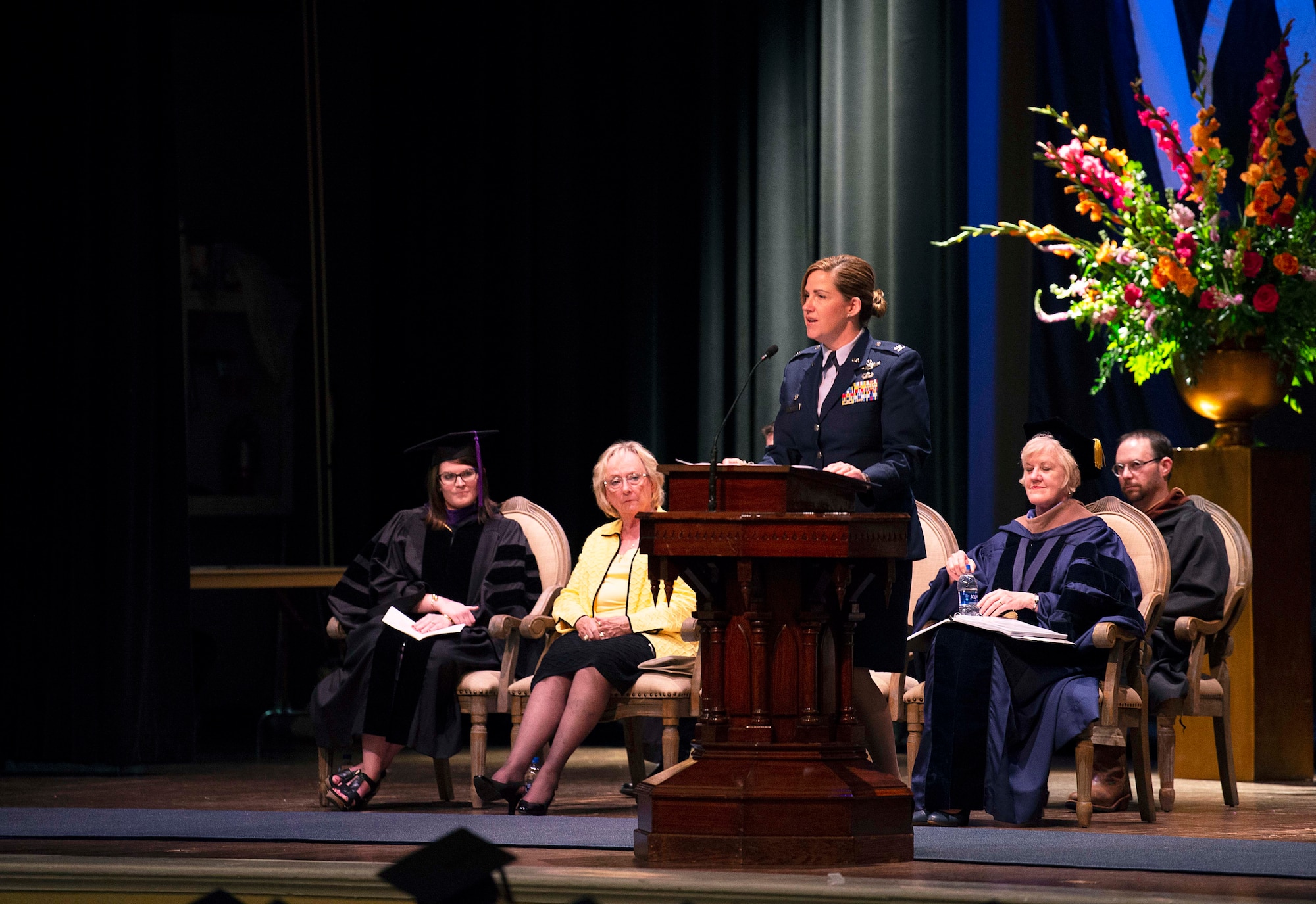 Col. Samantha Weeks, 14¬th Flying Training Wing commander, speaks at the Mississippi University for Women’s 134th commencement ceremony May 11, 2019, at the MUW Rent Auditorium in Columbus, Miss. Often referred to as graduation, the commencement ceremony is an end-of-spring semester celebration for students projected to successfully complete all of their graduation requirements by the end of the spring or summer semester of that year (U.S. Air Force photo by Airman Hannah Bean)