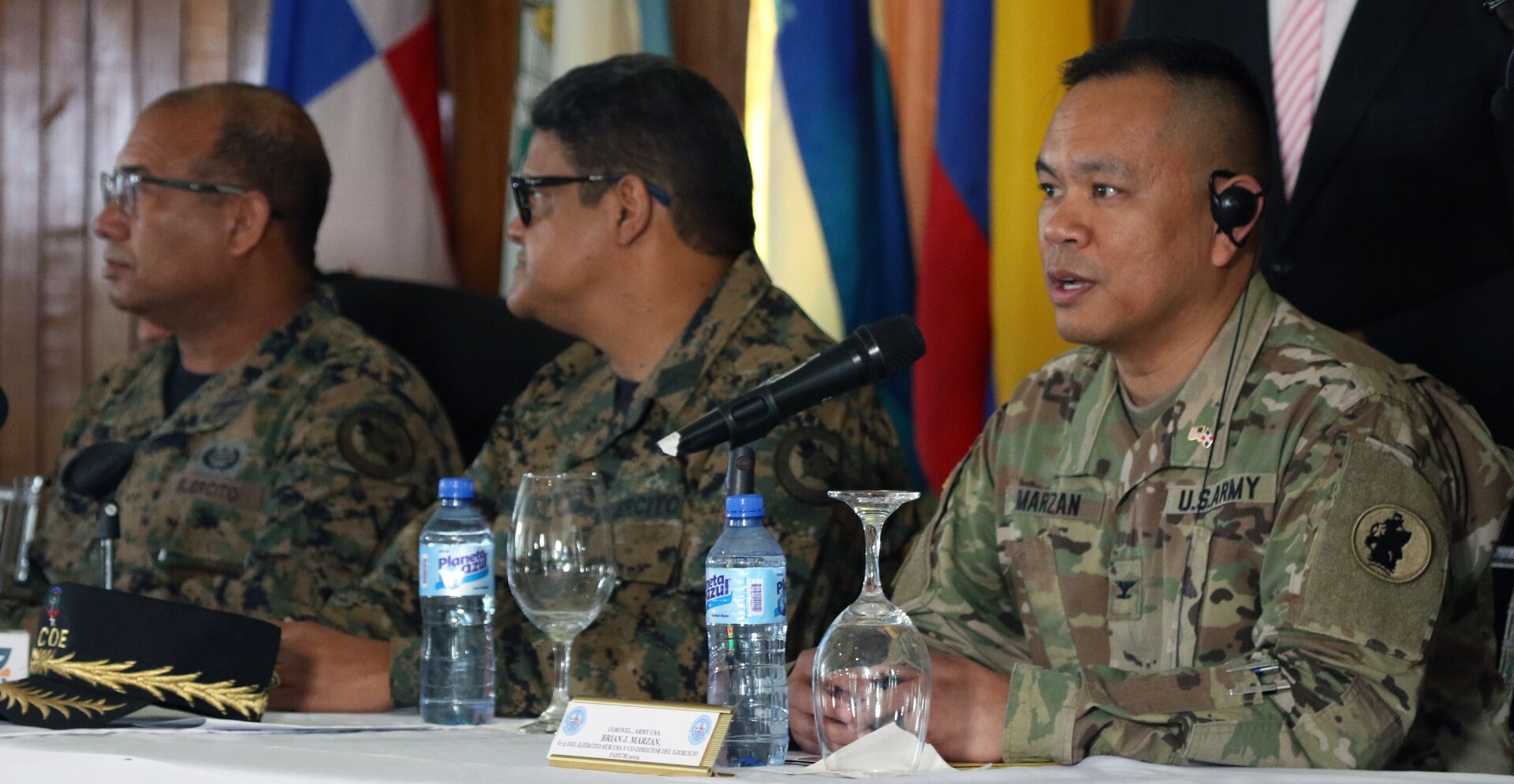 U.S. Army Col. Brian Marzan (right), Division Chief of U.S. Army South Training and Exercises and co-director of Fuerzas Aliadas Humanitarias 2019, answers media questions at the opening ceremony of FA-HUM 19 in Santo Domingo, Dominican Republic, May 6, 2019. FA-HUM 19 is a U.S. Army South-sponsored foreign humanitarian assistance and disaster relief exercise designed to build U.S. partner nation’s capacity for civil and military response to major disasters. More than 100 national experts from over 13 Latin American countries operated jointly throughout FA-HUM 19 simulations and training events from May 6-17 in the Dominican Republic.