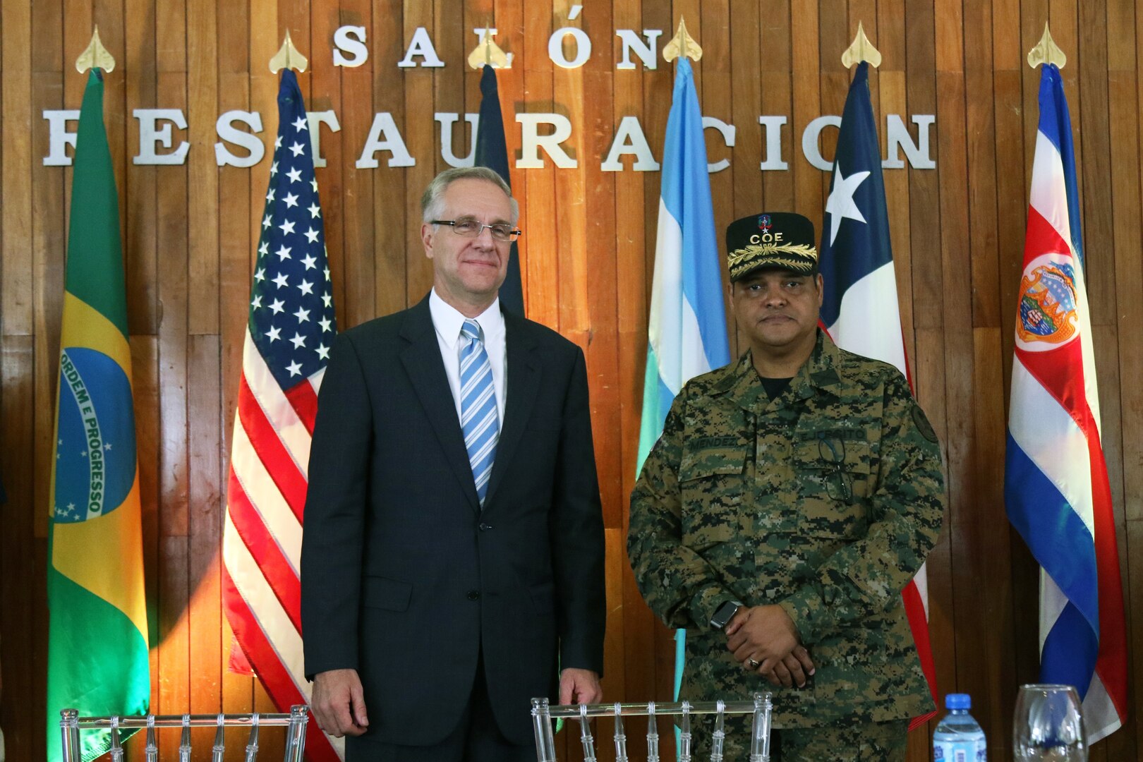 Robert E. Copley (left), Deputy Chief of Mission at the U.S. Embassy in Santo Domingo, Dominican Republic, poses alongside Brig. Gen. Juan Manuel Mendez Garcia, director of the Emergency Operations Center for the Dominican Republic, at the opening ceremony of Fuerzas Aliadas Humanitarias in Santo Domingo May 6. FA-HUM 19 is a U.S. Army South-sponsored foreign humanitarian assistance and disaster relief exercise designed to build U.S. partner nation’s capacity for civil and military response to major disasters. More than 100 national experts from 13 Latin American countries operated jointly throughout FA-HUM 19 simulations and training events from May 6-17 in the Dominican Republic.