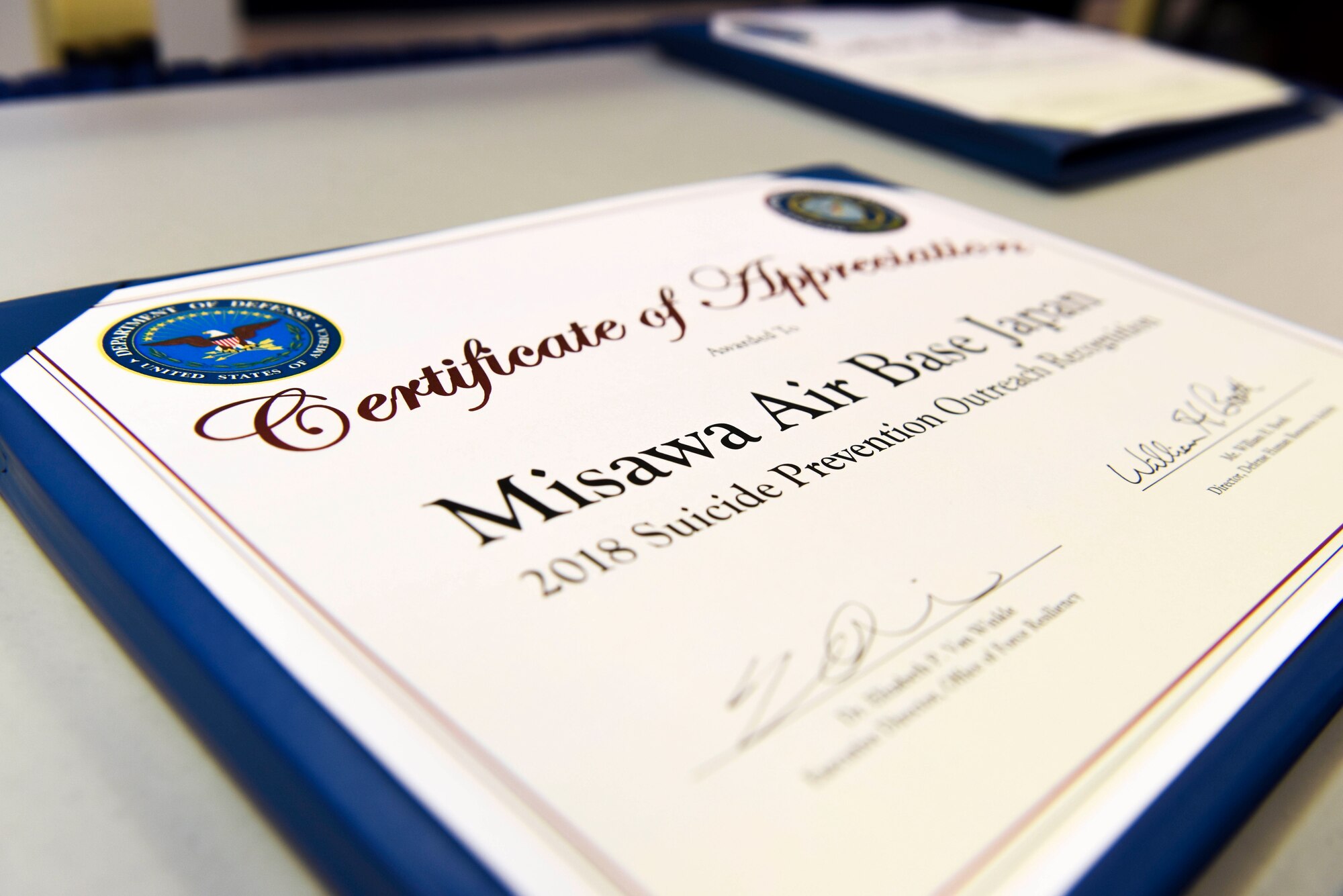 Misawa Air Base, Japan was recognized by the Department of Defense as the Air Force's top installation for suicide prevention outreach during the 2018 Defense Suicide Prevention Month recognition ceremony at the Pentagon, in Arlington, Va., May 15, 2019. Misawa AB is the Northernmost U.S. installation in Japan and the only bilateral, joint-service, civilian-use air base in the Pacific. (U.S. Air Force photo by Tech Sgt. Anthony Nelson Jr.)