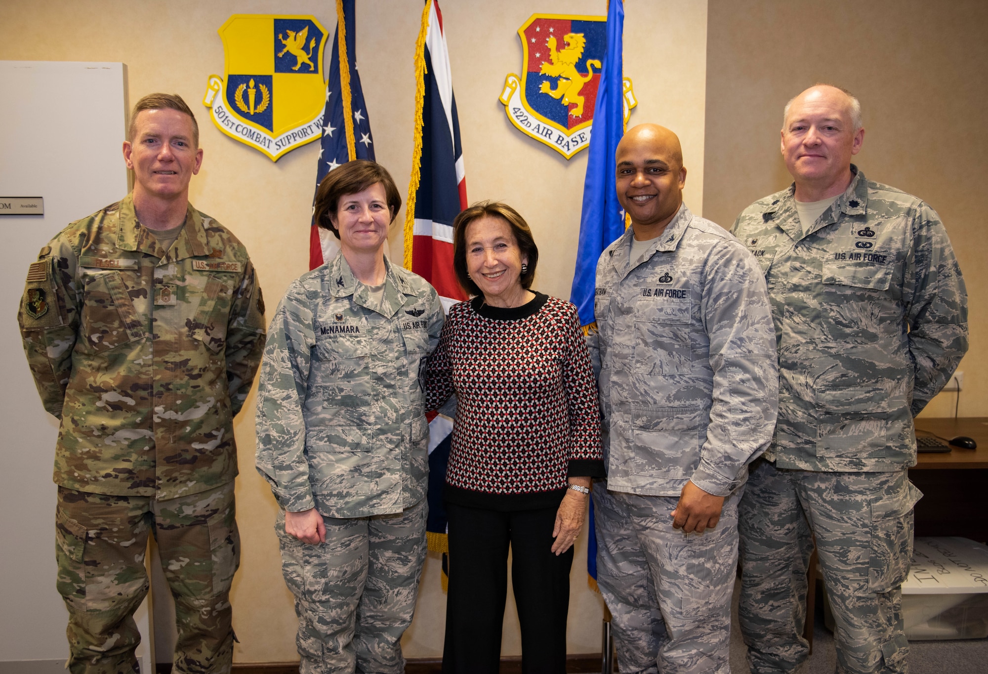 U.S. Air Force leadership from the 501st Combat Support Wing pose for a group photo with Hannah Lewis, a Holocaust survivor at RAF Croughton, England, May 15, 2019. Lewis works with Holocaust Educational Center to spread awareness about the Holocaust and to share her story. (U.S. Air Force photo by Airman 1st Class Jennifer Zima)