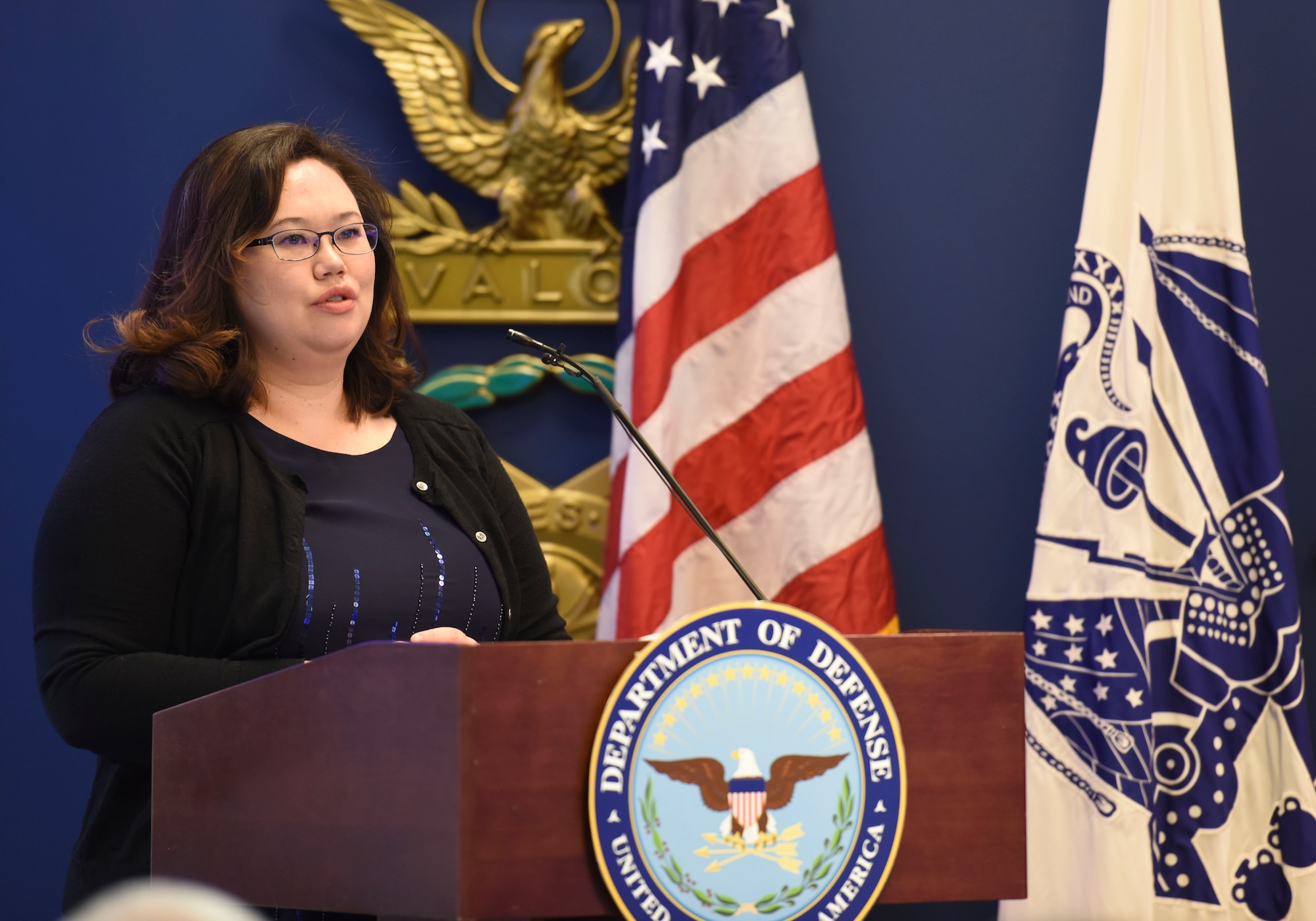 Ms. Michelle Aldana, 35th Fighter Wing, Misawa Air Base Japan, gives her remarks during the 2018 Defense Suicide Prevention Month Recognition Ceremony at the Pentagon, in Arlington, Va., May 15, 2019. Misawa AB was recognized by DoD two years in a row for suicide prevention outreach. (U.S. Air Force photo by Tech Sgt. Anthony Nelson Jr.)