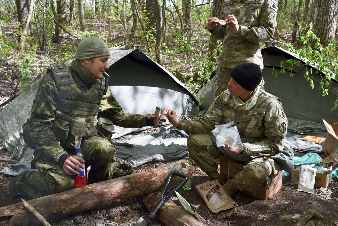 A member of the Estonian Defense Force shares a meal-ready-to-eat (MRE) with U.S. Army Spc. Angelique Helkowski, 290th Military Police Company, Maryland National Guard, May 6, 2019, in Ida-Viru County, Estonia. The Spring Storm exercise fostered collaboration for over 9,000 military personnel from more than a dozen NATO partner countries. (U.S. Air National Guard photo by Staff Sgt. Enjoli Saunders)