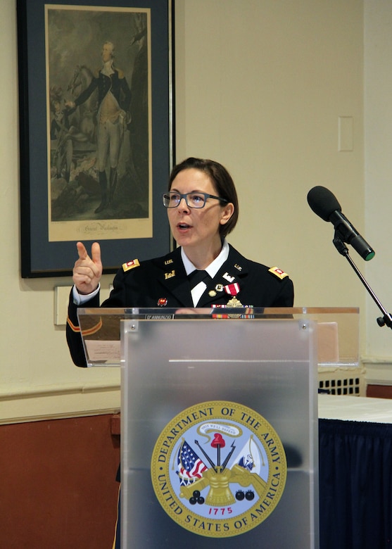 Lt. Col. Julie D'Annunzio made remarks to attendees at her retirement ceremony held May 10, at the Fort Hamilton Community Club's Washington Room in Brooklyn, New York.
