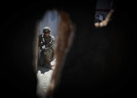 A U.S. Marine with 2nd Battalion, 4th Marine Regiment, 1st Marine Division (MARDIV), provides security during the Urban Leaders Course (ULC), at Marine Corps Base Camp Pendleton, California, April 22, 2019.