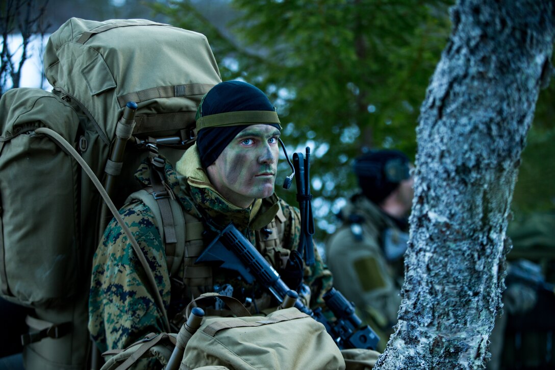 A U.S. Marine with 1st Platoon, Force Reconnaissance Company, 2nd Reconnaissance Battalion, 2nd Marine Division, patrols during exercise Platinum Ren at an undisclosed location, Norway, May 13, 2019.