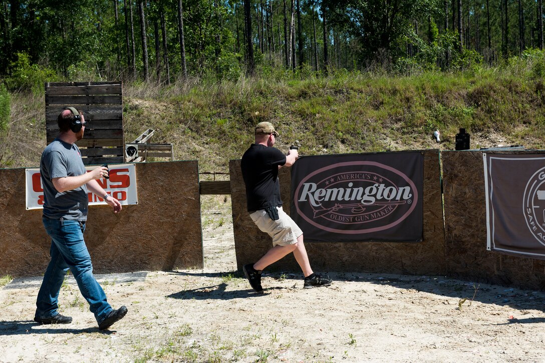 Airman 1st Class Jacob Smith, 23d Security Forces Squadron patrolman, runs to his next target during a shooting competition, May 14, 2019, in Valdosta, Ga. The competition was a part of Moody’s support of National Police Week 2019, to pay tribute to all law enforcement officers who serve and protect the united States with courage and dedication. (U.S. Air Force photo by Senior Airman Erick Requadt)