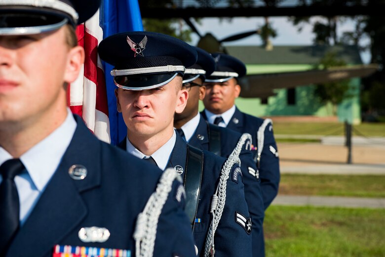 Moody’s Base Honor Guard stand in formation during the closing ceremony for Nation Police Week 2019, May 17, 2019, at Moody Air Force Base, Ga. The ceremony was a part of Moody’s support of National Police Week, to pay tribute to all law enforcement officers who serve and protect the united States with courage and dedication. (U.S. Air Force photo by Senior Airman Erick Requadt)