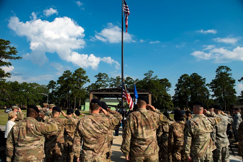 Members from Team Moody salute the flag during the National Anthem during the closing ceremony for Nation Police Week 2019, May 17, 2019, at Moody Air Force Base, Ga. The ceremony was a part of Moody’s support of National Police Week, to pay tribute to all law enforcement officers who serve and protect the united States with courage and dedication. (U.S. Air Force photo by Senior Airman Erick Requadt)