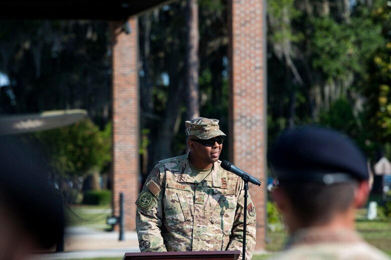 Chief Master Sgt. James Allen, 23d Wing command chief, speaks during the closing ceremony for Nation Police Week 2019, May 17, 2019, at Moody Air Force Base, Ga. The ceremony was a part of Moody’s support of National Police Week, to pay tribute to all law enforcement officers who serve and protect the united States with courage and dedication. (U.S. Air Force photo by Senior Airman Erick Requadt)