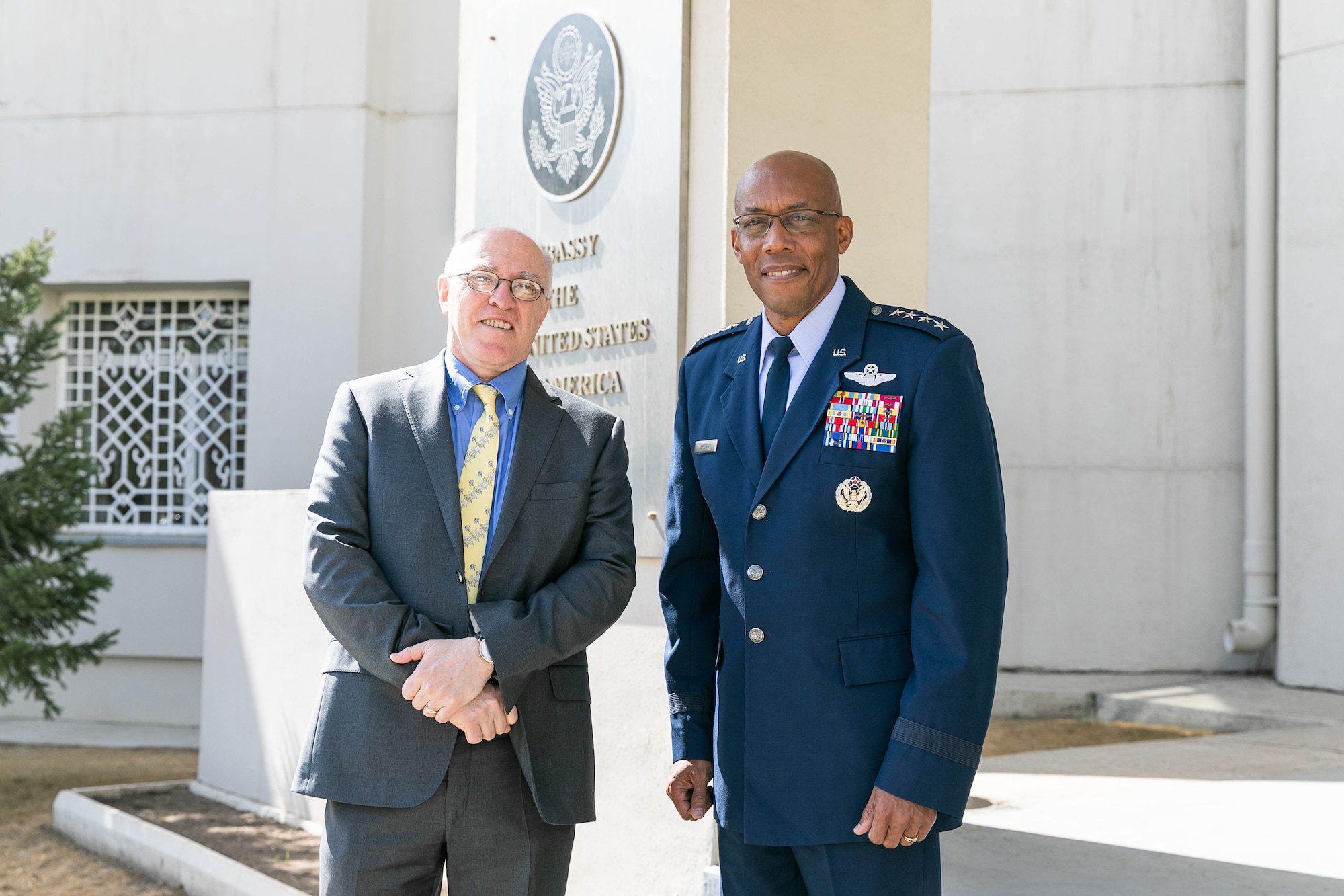 Gen. CQ Brown Jr. Pacific Air Forces commander, visits with U.S. Ambassador to Mongolia Michael Klecheski at the U.S. Embassy in Ulaanbaatar, Mongolia, May 14. In his first visit to the country, Brown met with senior leaders from Mongolia and the United States to seek opportunities to enhance cooperation and partnership with the Mongolian Air Force Command. (photo courtesy US Embassy)