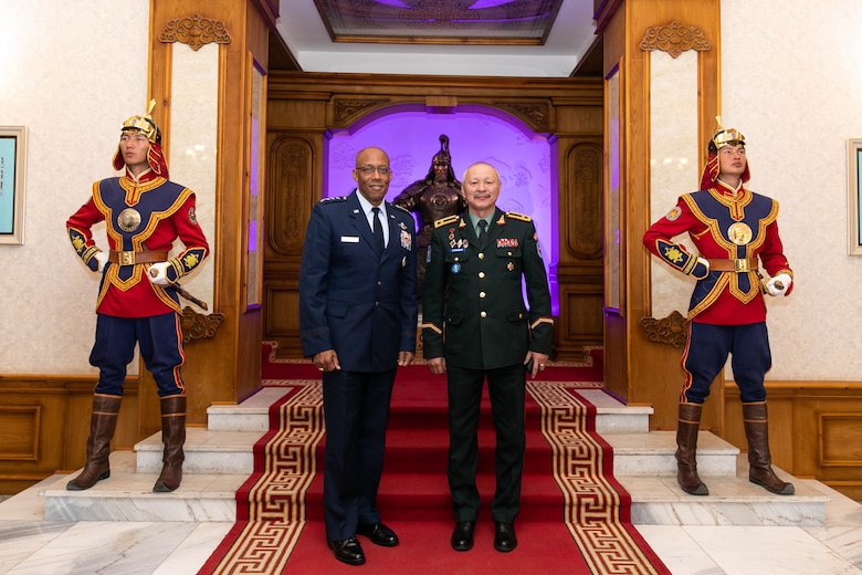 Gen. CQ Brown, Jr., Pacific Air Forces commander, and Brig. Gen. Enkhbayar Ochir, commander of Mongolian Air Force Command (MAFC), pose for a photo inside the Ministry of Defense in Ulaanbaatar, Mongolia, May 14.  In his first visit to the country, Brown met with senior leaders from Mongolia and the United States to seek opportunities to enhance cooperation and partnership with the Mongolian Air Force Command. (photo courtesy US Embassy)