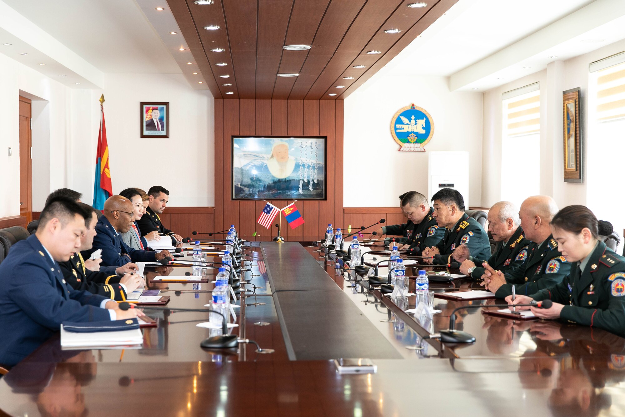 Maj. Gen. Ganbat Ayush, Mongolian Armed Forces chief of general staff, welcomes Gen. CQ Brown, Jr., Pacific Air Forces commander, at the command headquarters in Ulaanbaatar, Mongolia, May 14. In his first visit to the country, Brown met with senior leaders from Mongolia and the United States to seek opportunities to enhance cooperation and partnership with the Mongolian Air Force Command. (photo courtesy US Embassy)