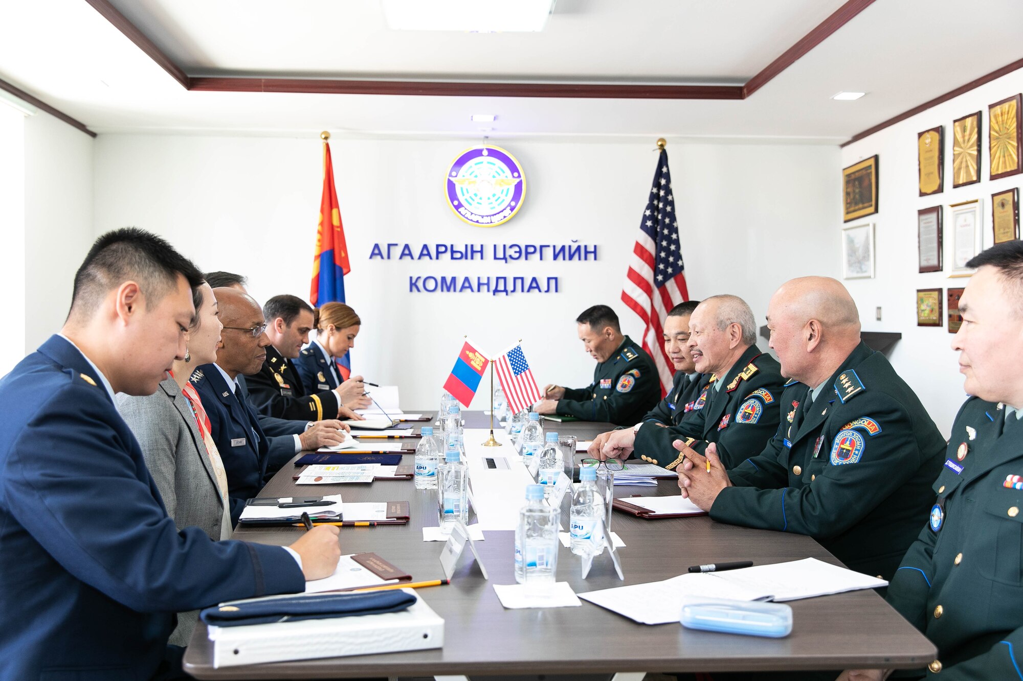 Brig. Gen. Enkhbayar Ochir, commander of Mongolian Air Force Command (MAFC), welcomes Gen. CQ Brown Jr., Pacific Air Forces commander, and his staff at the MAFC headquarters in Ulaanbaatar, Mongolia, May 14. In addition to evaluating the recent success of the Airman-to-Airman Talks in Hawaii in March, discussions during the visit included opportunities to enhance training, exercises and subject matter expert exchanges. (photo courtesy US Embassy)