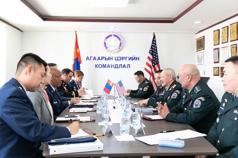 Brig. Gen. Enkhbayar Ochir, commander of Mongolian Air Force Command (MAFC), welcomes Gen. CQ Brown Jr., Pacific Air Forces commander, and his staff at the MAFC headquarters in Ulaanbaatar, Mongolia, May 14. In addition to evaluating the recent success of the Airman-to-Airman Talks in Hawaii in March, discussions during the visit included opportunities to enhance training, exercises and subject matter expert exchanges. (photo courtesy US Embassy)