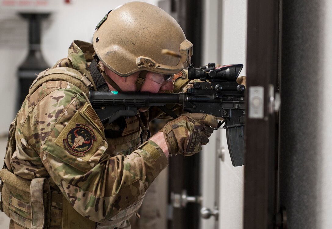 Staff Sgt. Nicholas Granlund, 841st Missile Security Forces Squadron flight security controller competes in an M-4 carbine rifle shooting competition May 14, 2019, at Malmstrom Air Force Base, Mont.