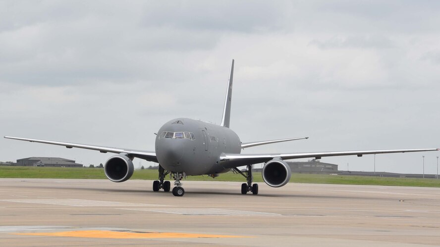 A KC-46A Pegasus taxis on the flightline May 17, 2019, at McConnell Air Force Base, Kan. This is the sixth KC-46 to be delivered to McConnell. The aircraft will provide aerial refueling to Air Force, joint and partner nation aircraft. McConnell is expected to receive 18 tankers in the first round of deliveries and will end up with a fleet of 36.