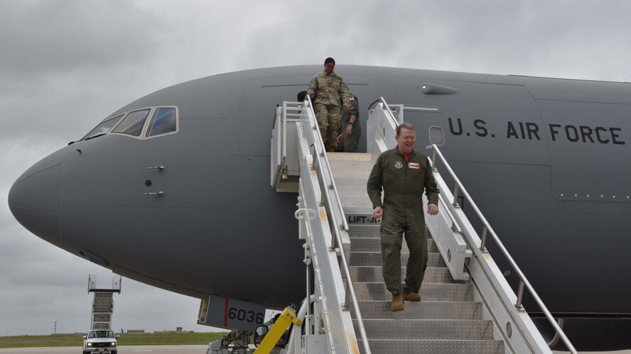Lt. Gen. Richard Scobee, Chief of the Air Force Reserve and Air Force Reserve Command commander, steps off the sixth KC-46A Pegasus delivered here May 17, 2019, at McConnell Air Force Base, Kan.  During the an official ceremony for the event, Scobee remarked on the importance of McConnell’s role in the future of air refueling