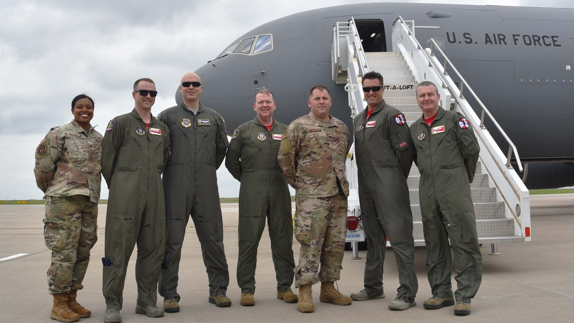 Members of Team McConnell pose with Lt. Gen. Richard Scobee, Chief of the Air Force Reserve and Air Force Reserve Command commander, in front of a newly delivered KC-46A Pegasus May 17, 2019, at McConnell Air Force Base, Kan. This is the sixth KC-46 to be delivered to McConnell.