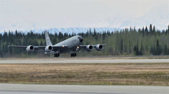 A U.S. Air Force Reserve KC-135 Stratotanker assigned to the 507th Air Refueling Wing out of Tinker Air Force Base, Okla., takes off during Northern Edge, May 14, 2019, from Eielson Air Force Base, Alaska. Northern Edge is one in a series of U.S. Indo-Pacific Command exercises in 2019 that prepares joint forces to respond to crises in the Indo-Pacific region