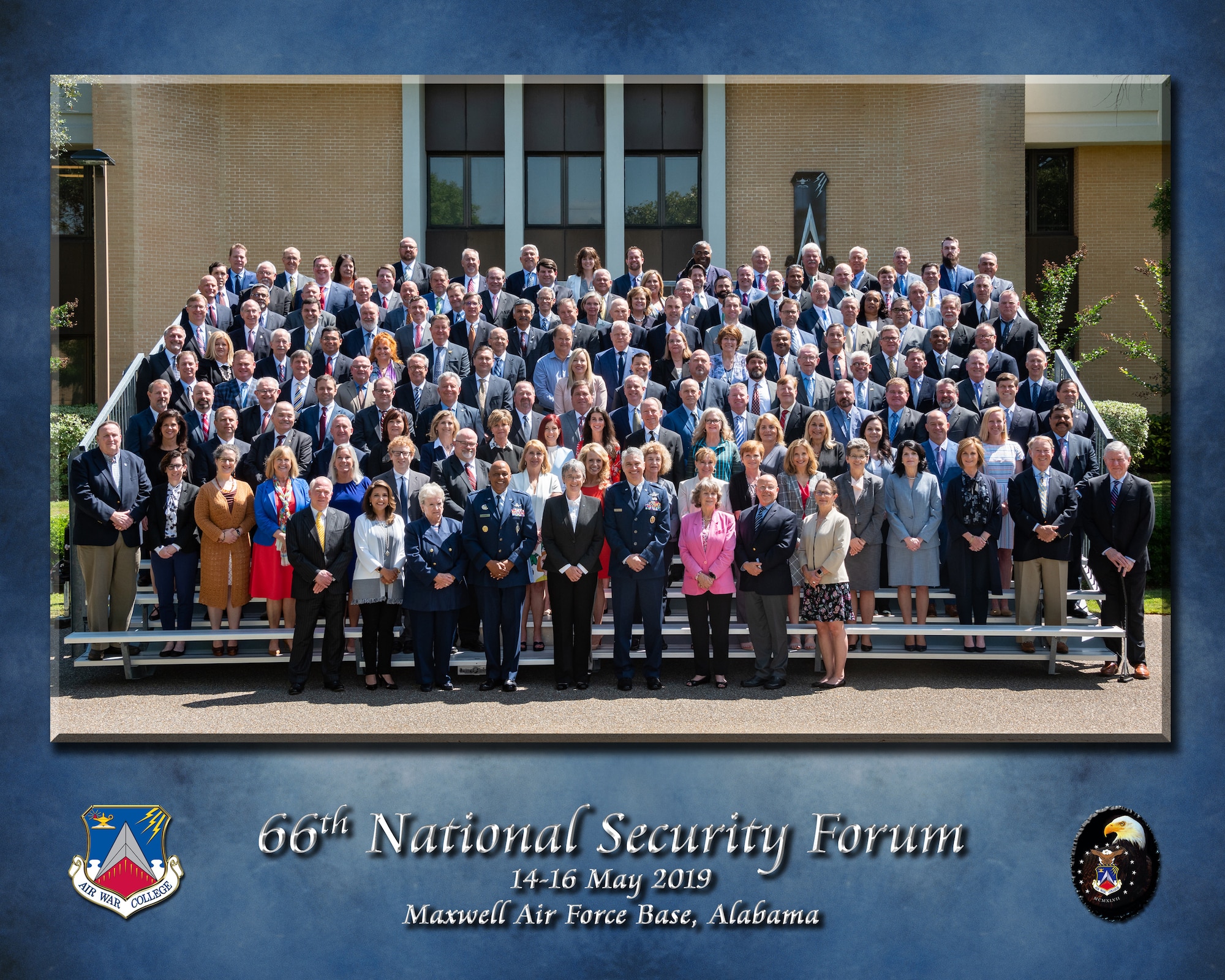 Participants of the 66th annual National Security Forum stand together for a photo May 14, 2019, at Maxwell Air Force Base, Alabama. Hosted by Air University’s Air War College on behalf of the Secretary of the Air Force, NSF enables the sharing of perspectives between civic leaders, senior military officers and experienced government civilians on leadership, strategy, national security and more.