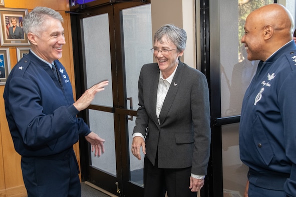 Brig. Gen. Jeremy Sloane, Air War College commandant (left), Secretary of the Air Force Heather Wilson (center), and Lt. Gen. Anthony Cotton, Air University commander and president (right), share a laugh during the 66th annual National Security Forum May 14, 2019, at Maxwell Air Force Base, Alabama. Hosted by Air University’s Air War College on behalf of the Secretary of the Air Force, NSF enables the sharing of perspectives between civic leaders, senior military officers and experienced government civilians on leadership, strategy, national security and more.