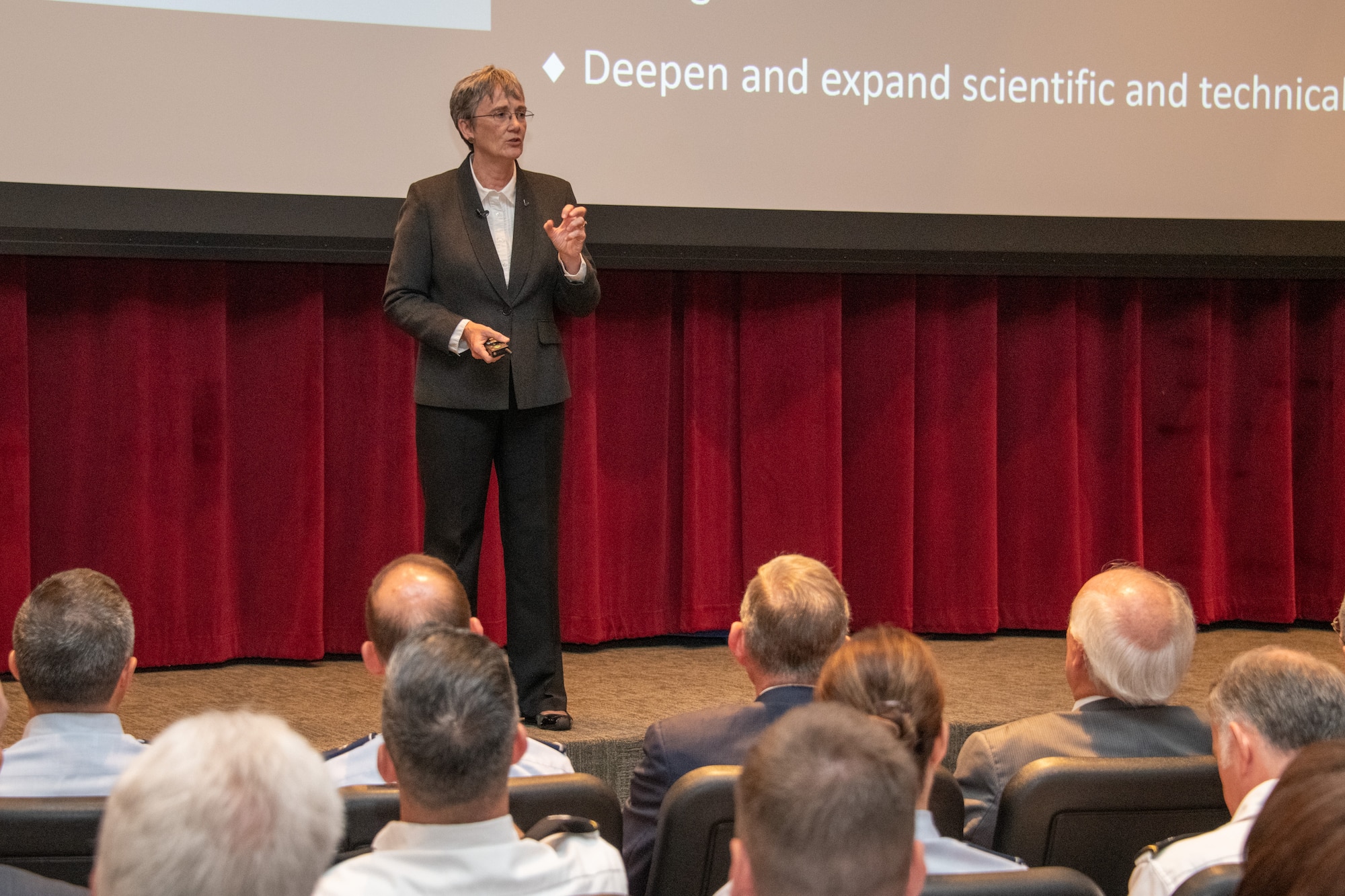 Secretary of the Air Force Heather Wilson speaks with civic leaders during the 66th annual National Security Forum May 14, 2019, at Maxwell Air Force Base, Alabama. During the NSF, Secretary Wilson discussed a variety of national security subjects and the role of air, space and cyber power.