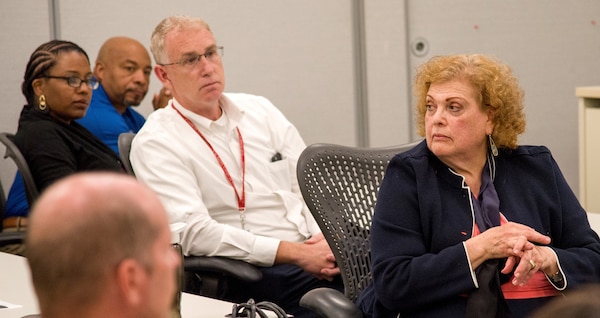 Irene Freedland, right, who works in the Interior Design Branch of the Engineering Directorate’s Civil Structures Division, led a discussion during Huntsville Center's Holocaust "Days of Remembrance" observance May 8, 2019, in Huntsville, Alabama. Freedland, who is Jewish, said the topic of the Holocaust is still as relevant as it’s ever been.