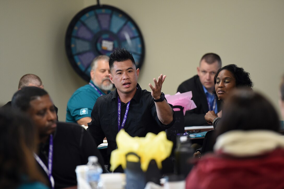 Simon Chan, assigned to the 2nd Battalion, 360th Regiment, 85th U.S. Army Reserve Support Command, responds to remarks during the 85th USARC’s ’Stand For Life’ suicide prevention training, May 6-10, 2019, at the 85th USARSC headquarters.