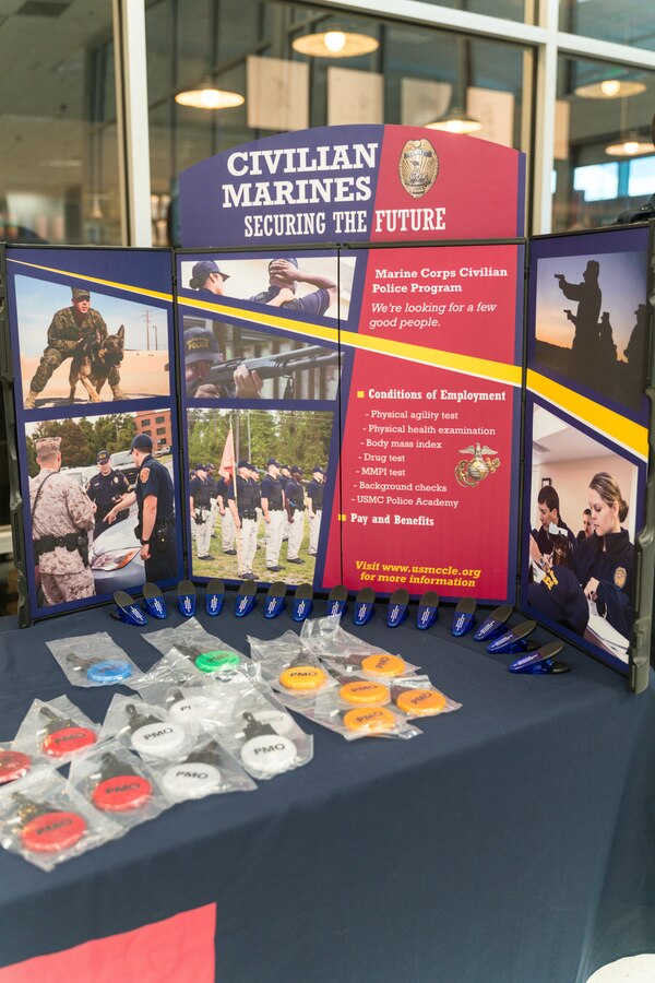 The Provost Marshall Office, Marine Corps Air Ground Combat Center (MCAGCC), took mug shots and created ID kits for children on MCAGCC, Twentynine Palms, Calif., May 16, 2019. The event was held to connect with the community and raise bike safety awareness during police week. (U.S. Marine Corps photo by Lance Cpl. Colton Brownlee)